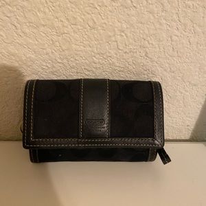 Coach Black Canvas Leather Trim Small Credit Card/Coin Bifold Wallet